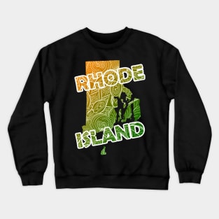 Colorful mandala art map of Rhode Island with text in green and orange Crewneck Sweatshirt